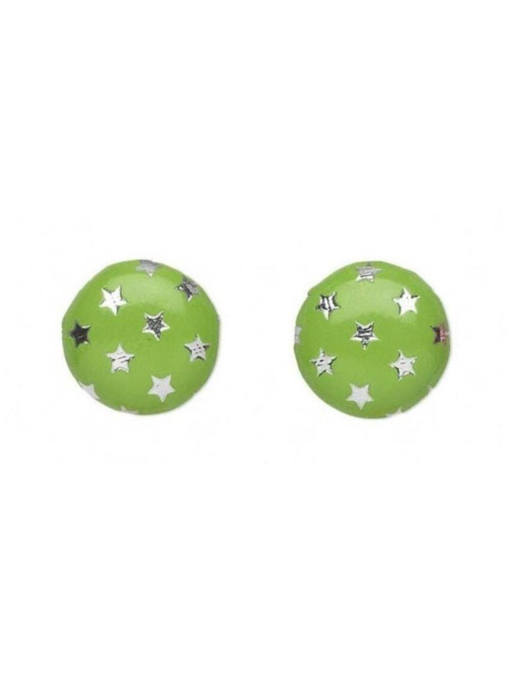 Vegan Faux Leather Round 15mm Button Post Earrings Green w Silver Metallic Stars